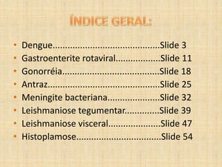 ÍNDICE GERAL:Dengue...........................................Slide 3Gastroenteriterotaviral..................Slide 11Gonorréia.......................................Slide 18Antraz.............................................Slide 25Meningite bacteriana.....................Slide 32Leishmaniose tegumentar..............Slide 39Leishmaniose visceral.....................Slide 47Histoplamose..................................Slide 54