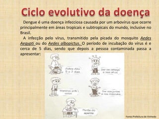Ciclo evolutivo da doença   Dengue é uma doença infecciosa causada por um arbovírus que ocorre principalmente em áreas tropicais e subtropicais do mundo, inclusive no Brasil.   A infecção pelo vírus, transmitido pela picada do mosquito AedesAegyptiou do Aedesalbopictus. O período de incubação do vírus é e cerca de 5 dias, sendo que depois a pessoa contaminada passa a apresentar:Fonte:Prefeitura de Vinhedo