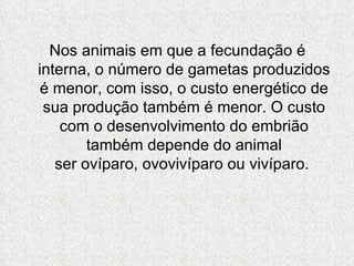 Nos animais em que a fecundação é interna, o número de gametas produzidos é menor, com isso, o custo energético de sua produção também é menor. O custo com o desenvolvimento do embrião também depende do animal ser ovíparo, ovovivíparo ou vivíparo.  