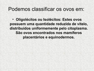 Podemos classificar os ovos em:  Oligolécitos ou Isolécitos: Estes ovos possuem uma quantidade reduzida de vitelo, distribuídos uniformemente pelo citoplasma. São ovos encontrados nos mamíferos placentários e equinodermos. 