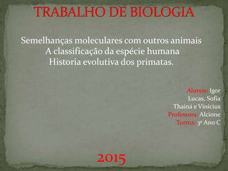 Semelhanças moleculares com outros animais
A classificação da espécie humana
Historia evolutiva dos primatas.
Alunos: Igor
Lucas, Sofia
Thainá e Vinicius
Professora: Alcione
Turma: 3ª Ano C
2015
 