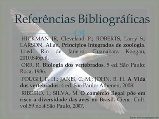  HICKMAN JR, Cleveland P.; ROBERTS, Larry S.;
LARSON, Allan. Princípios integrados de zoologia.
11.ed. Rio de Janeiro: Guanabara Koogan,
2010.846p.il.
 ORR, R. Biologia dos vertebrados. 5 ed. São Paulo:
Roca, 1986.
 POUGH, F. H.; JANIS, C. M.; JOHN, B. H. A Vida
dos vertebrados. 4 ed. São Paulo: Atheneu, 2008.
 RIBEIRO, L; SILVA, M. O comércio ilegal põe em
risco a diversidade das aves no Brasil. Cienc. Cult.
vol.59 no.4 São Paulo, 2007.
Referências Bibliográficas
Fonte: www.dynaxdigital.com
 