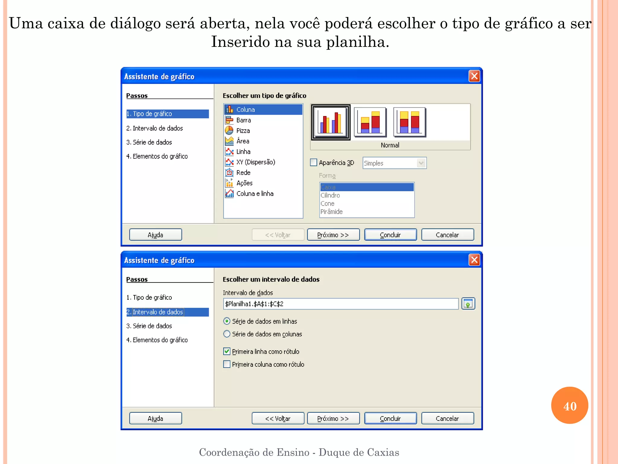 Uma caixa de diálogo será aberta, nela você poderá escolher o tipo de gráfico a ser
                           Inserido na sua planilha.




                                                                              40


                           Coordenação de Ensino - Duque de Caxias
 