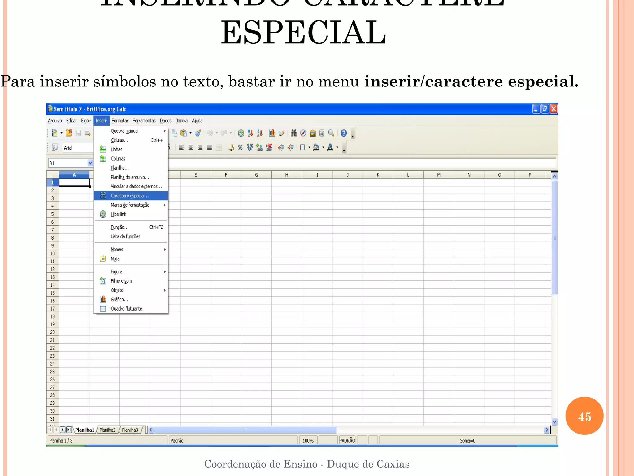 INSERINDO CARACTERE
                   ESPECIAL
Para inserir símbolos no texto, bastar ir no menu inserir/caractere especial.




                                                                            45


                           Coordenação de Ensino - Duque de Caxias
 