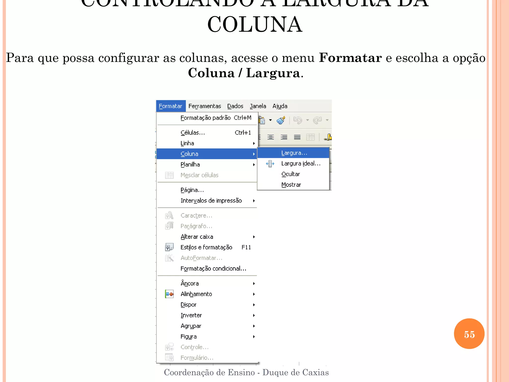 CONTROLANDO A LARGURA DA
                    COLUNA
Para que possa configurar as colunas, acesse o menu Formatar e escolha a opção
                              Coluna / Largura.




                                                                          55


                         Coordenação de Ensino - Duque de Caxias
 