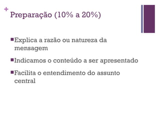 Preparação (10% a 20%) Explica a razão ou natureza da mensagem Indicamos o conteúdo a ser apresentado Facilita o entendimento do assunto central 