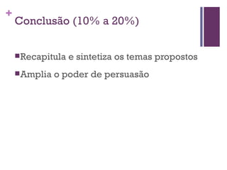 Conclusão (10% a 20%) Recapitula e sintetiza os temas propostos Amplia o poder de persuasão 
