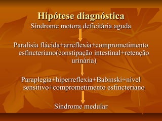 HHiippóótteessee ddiiaaggnnóóssttiiccaa 
SSíínnddrroommee mmoottoorraa ddeeffiicciittáárriiaa aagguuddaa 
PPaarraalliissiiaa fflláácciiddaa++aarrrreefflleexxiiaa++ccoommpprroommeettiimmeennttoo 
eessffiinncctteerriiaannoo((ccoonnssttiippaaççããoo iinntteessttiinnaall++rreetteennççããoo 
uurriinnáárriiaa)) 
PPaarraapplleeggiiaa++hhiippeerrrreefflleexxiiaa++BBaabbiinnsskkii++nníívveell 
sseennssiittiivvoo++ccoommpprroommeettiimmeennttoo eessffiinncctteerriiaannoo 
SSíínnddrroommee mmeedduullaarr 
 