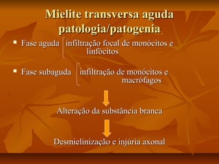 MMiieelliittee ttrraannssvveerrssaa aagguuddaa 
ppaattoollooggiiaa//ppaattooggeenniiaa 
 FFaassee aagguuddaa iinnffiillttrraaççããoo ffooccaall ddee mmoonnóócciittooss ee 
lliinnffóócciittooss 
 FFaassee ssuubbaagguuddaa iinnffiillttrraaççããoo ddee mmoonnóócciittooss ee 
mmaaccrróóffaaggooss 
AAlltteerraaççããoo ddaa ssuubbssttâânncciiaa bbrraannccaa 
DDeessmmiieelliinniizzaaççããoo ee iinnjjúúrriiaa aaxxoonnaall 
 