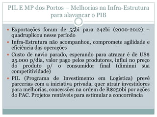 PIL E MP dos Portos – Melhorias na Infra-Estrutura
para alavancar o PIB
 Exportações foram de 55bi para 242bi (2000-2012) –

quadruplicou nesse período
 Infra-Estrutura não acompanhou, compromete agilidade e
eficiência das operações
 Custo de navio parado, esperando para atracar é de US$
25.000 p/dia, valor pago pelos produtores, influi no preço
do produto p/ o consumidor final (diminui sua
competitividade)
 PIL (Programa de Investimento em Logística) prevê
parcerias com a iniciativa privada, quer atrair investidores
para melhorias, concessões na ordem de R$250bi por ações
do PAC. Projetos rentáveis para estimular a concorrência

 