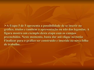 A Etapa 5 de 5 apresenta a possibilidade de se inserir no gráfico, títulos e também a apresentação ou não das legendas. A figura mostra um exemplo desta etapa com os campos preenchidos. Neste momento, basta dar um clique no botão Finalizar para o gráfico ser construído e inserido na nova folha de trabalho. 