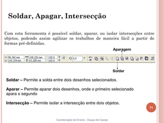 Soldar, Apagar, Intersecção

Com esta ferramenta é possível soldar, aparar, ou isolar intersecções entre
objetos, podendo assim agilizar os trabalhos de maneira fácil a partir de
formas pré-definidas.
                                                                     Aparagem




                                                                     Soldar

Soldar – Permite a solda entre dois desenhos selecionados.

Aparar – Permite aparar dois desenhos, onde o primeiro selecionado
apara o segundo

Intersecção – Permite isolar a intersecção entre dois objetos.
                                                                                71


                           Coordenação de Ensino - Duque de Caxias
 