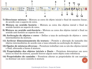 57
Coordenação de Ensino - Duque de Caxias
7) Direcionar mistura – Mistura as cores do objeto inicial e final de maneira linear,
de acordo com o aspecto de cores.
8) Mistura no sentido horário – Mistura as cores dos objetos inicial e final no
sentido horário ao aspecto de cores.
9) Mistura no sentido anti-horário - Mistura as cores dos objetos inicial e final no
sentido anti-horário ao aspecto de cores.
10) Aceleração de objetos e cores – Define a taxa de aceleração de objetos e cores
intermediários da mistura.
11) Acelerar dimensionamento da textura – Permite a alteração do tamanho dos
objetos intermediários de acordo com a taxa colocada na aceleração de objetos.
12) Opções de misturas diversas – Permitem trabalhar com os nós dos objetos inicial
e final, alterando a forma d mistura.
13) Propriedades dos objetos iniciais e finais – Permitem determinar um novo
início ou final da mistura, quando houver algum outro objeto como referência
14) Propriedades do caminho – Permitem alterar as propriedades de um caminho
ou destinar um nove caminho à mistura
1
2
3
4
5 7
9 11
13
6 8 10
12 14
 