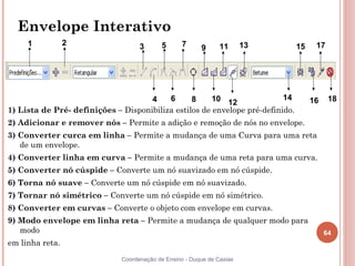 64
Coordenação de Ensino - Duque de Caxias
Envelope Interativo
1) Lista de Pré- definições – Disponibiliza estilos de envelope pré-definido.
2) Adicionar e remover nós – Permite a adição e remoção de nós no envelope.
3) Converter curca em linha – Permite a mudança de uma Curva para uma reta
de um envelope.
4) Converter linha em curva – Permite a mudança de uma reta para uma curva.
5) Converter nó cúspide – Converte um nó suavizado em nó cúspide.
6) Torna nó suave – Converte um nó cúspide em nó suavizado.
7) Tornar nó simétrico – Converte um nó cúspide em nó simétrico.
8) Converter em curvas – Converte o objeto com envelope em curvas.
9) Modo envelope em linha reta – Permite a mudança de qualquer modo para
modo
em linha reta.
1 2 3
4
5
6
7
8
9
10
11
12
13
14
15
16
17
18
 