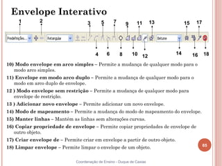 65
Coordenação de Ensino - Duque de Caxias
10) Modo envelope em arco simples – Permite a mudança de qualquer modo para o
modo arco simples.
11) Envelope em modo arco duplo – Permite a mudança de qualquer modo para o
modo em arco duplo de envelope.
12 ) Modo envelope sem restrição – Permite a mudança de qualquer modo para
envelope de restrição.
13 ) Adicionar novo envelope – Permite adicionar um novo envelope.
14) Modo de mapeamento – Permite a mudança do modo de mapeamento do envelope.
15) Manter linhas – Mantém as linhas sem alterações curvas.
16) Copiar propriedade de envelope – Permite copiar propriedades de envelope de
outro objeto.
17) Criar envelope de – Permite criar em envelope a partir de outro objeto.
18) Limpar envelope – Permite limpar o envelope de um objeto.
Envelope Interativo
1 2 3
4
5
6
7
8
9
10
11
12
13
14
15
16
17
18
 