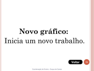 74
Coordenação de Ensino - Duque de Caxias
Novo gráfico:
Inicia um novo trabalho.
Voltar
 