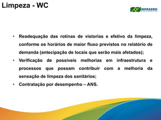 Limpeza - WC
• Readequação das rotinas de vistorias e efetivo da limpeza,
conforme os horários de maior fluxo previstos no relatório de
demanda (antecipação de locais que serão mais afetados);
• Verificação de possíveis melhorias em infraestrutura e
processos que possam contribuir com a melhoria da
sensação de limpeza dos sanitários;
• Contratação por desempenho – ANS.
 