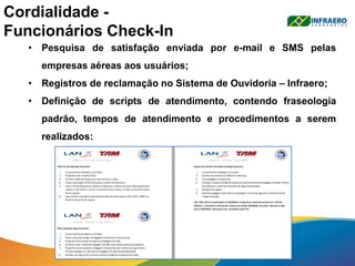 Cordialidade -
Funcionários Check-In
• Pesquisa de satisfação enviada por e-mail e SMS pelas
empresas aéreas aos usuários;
• Registros de reclamação no Sistema de Ouvidoria – Infraero;
• Definição de scripts de atendimento, contendo fraseologia
padrão, tempos de atendimento e procedimentos a serem
realizados:
 