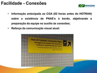 Facilidade - Conexões
• Informação antecipada ao CGA (02 horas antes do HOTRAN)
sobre a existência de PNAE’s à bordo, objetivando a
preparação da equipe no auxílio às conexões;
• Reforço da comunicação visual atual:
 