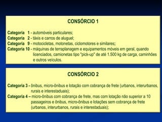 CONSÓRCIO 1 Categoria  1  - automóveis particulares; Categoria  2  - táxis e carros de aluguel; Categoria  9  - motocicletas, motonetas, ciclomotores e similares ; Categoria 10  - máquinas de terraplanagem e equipamentos móveis em geral, quando licenciados, camionetas tipo "pick-up" de até 1.500 kg de carga, caminhões e outros veículos.   CONSÓRCIO 2 Categoria 3 -  ônibus, micro-ônibus e lotação com cobrança de frete (urbanos, interurbanos, rurais e interestaduais); Categoria 4 –  micro-ônibus com cobrança de frete, mas com lotação não superior a 10  passageiros e ônibus, micro-ônibus e lotações sem cobrança de frete  (urbanos, interurbanos, rurais e interestaduais); 