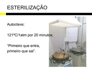 ESTERILIZAÇÃO


Autoclave;

121ºC/1atm por 20 minutos;

“Primeiro que entra,
primeiro que sai”.
 
