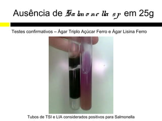 Ausência de Sa lm o ne lla s p em 25g
Testes confirmativos – Ágar Triplo Açúcar Ferro e Ágar Lisina Ferro




       Tubos de TSI e LIA considerados positivos para Salmonella
 