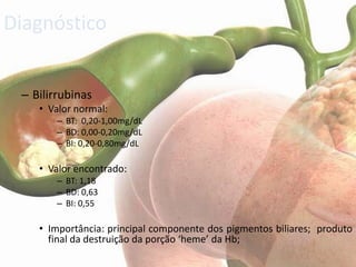 Diagnóstico


 – Bilirrubinas
    • Valor normal:
        – BT: 0,20-1,00mg/dL
        – BD: 0,00-0,20mg/dL
        – BI: 0,20-0,80mg/dL

    • Valor encontrado:
        – BT: 1,18
        – BD: 0,63
        – BI: 0,55

    • Importância: principal componente dos pigmentos biliares; produto
      final da destruição da porção ‘heme’ da Hb;
 