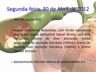 Segunda-feira, 30 de Abril de 2012
 – AVC em jugular D/E.


 – Região abdominal distendida, com ferida operatória
   aberta em região abdominal lateral direita, com tela
   inorgânica. Dreno de Kher drenando média
   quantidade de secreção borrácea (100mL). Dreno de
   Penrose com secreção hemática (100mL) e Dreno
   Tubular fechado.


 – Apresentando discreto edema de extremidades (+).
 
