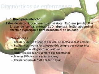 Diagnósticos de enfermagem
 • 6. Risco para infecção.
 Fator de risco: Procedimentos invasivos (AVC em jugular D e
    E, uso de sonda enteral, SVD, drenos), lesão abdominal
    aberta e exposição à flora nasocomial da unidade.

   Intervenções:
    –   Realizar curativo asséptico em local de acesso venoso central;
    –   Realizar curativo na ferida operatória sempre que necessário;
    –   Observar sinais flogísticos nos estomas;
    –   Trocar fixação da SNE sempre que necessário;
    –   Manter SVD fixa para evitar trauma;
    –   Realizar a troca da SVD a cada 15 dias;
 