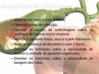 Diagnósticos de enfermagem

   – Aferir sinais vitais a cada 4 horas;
   – Observar sinais de infecção;
   – Orientar a equipe de enfermagem sobre os
     cuidados de higiene oral e corporal;
   – Manter o paciente limpo, seco e a pele hidratada;
   – Realizar mudança de decúbito a cada 2 horas;
   – Orientar os familiares sobre a necessidade de
     manter a unidade do paciente organizada;
   – Orientar os familiares sobre a necessidade da
     lavagem das mãos.
 