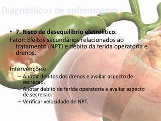 Diagnósticos de enfermagem

 • 7. Risco de desequilíbrio eletrolítico.
 Fator: Efeitos secundários relacionados ao
   tratamento (NPT) e débito da ferida operatória e
   drenos.

 Intervenções:
   – Anotar debitos dos drenos e avaliar aspecto de
     secrecao.
   – Anotar debito de ferida operatoria e avaliar aspecto
     de secrecao.
   – Verificar velocidade de NPT.
 