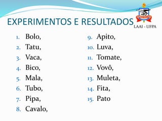 EXPERIMENTOS E RESULTADOSLAAI - UFPA
1. Bolo,
2. Tatu,
3. Vaca,
4. Bico,
5. Mala,
6. Tubo,
7. Pipa,
8. Cavalo,
9. Apito,
10. Luva,
11. Tomate,
12. Vovô,
13. Muleta,
14. Fita,
15. Pato
 