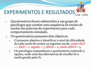 EXPERIMENTOS E RESULTADOS
1. Questionários foram submetidos a um grupo de
psicólogos que contêm uma sequência de ensino de
tarefas das palavras do experimento para cada
comportamento simulado.
2. Os questionários possuem dois objetivos.
1. O primeiro objetivo é identificar o nível de dificuldade
de cada tarefa de ensino na seguinte escala: muito fácil
= 1, fácil = 2, regular = 3, difícil = 4, muito difícil = 5.
2. Os psicólogos responderam o questionário contendo 5
opções, onde uma das alternativas de escolha foi a
tarefa gerada pela IA.
LAAI - UFPA
 