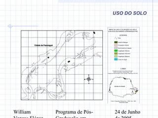 William Programa de Pós- 24 de Junho
USO DO SOLO
Fonte: Fotografias Aéreas Esc. 1:5000 Ano: 1997
Cartografia Digital
1:30000
Projeção Universal Transversa de Mercator
Datum Horizontal: Córrego Alegre - MG
Origem da Quilometragem UTM: Equador e Meridiano 51W GR
MAPA DE USO E OCUPAÇÃO DO SOLO
ILHA DOS VALADARES (PARANAGUÁ,PR)
LEGENDA
Corpo de Àgua
Area de Mangue
Ocupação Urbana
SemCobertura Vegetal
Vegetação Arbórea
Vegetação Arbustiva
Vegetação Rasteira
Rios
ESTADO DO PARANÁ
Curitiba
Paranaguá
Cidade de ParanaguáCidade de Paranaguá
CanaldaCotinga
RioDosCorreias
RioItiberê
N
EW
S
749000
749000
749500
749500
750000
750000
750500
750500
751000
751000
751500
751500
752000
752000
752500
752500
7172000
7172000
7172500
7172500
7173000
7173000
7173500
7173500
7174000
7174000
7174500
7174500
7175000
7175000
0 500 1000 1500
Meters
 