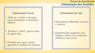 Estimulação dos Sentidos
Estimulação Visual
▪ Motivar o aluno a alcançar,
tocar, manipular e reconhecer
objetos;
▪ Ensinar a “olhar” para o rosto
de quem fala;
▪ Orientar para que o aluno
aprenda os sentidos de direção.
Processo de Aprendizagem
Estimulação do Tato
▪ Descriminar diferentes texturas
e relevos;
▪ Experimentar materiais com
formas e feitos com contornos
nítidos e cores vivas.
 