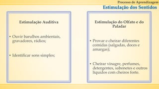 Estimulação dos Sentidos
Estimulação Auditiva
▪ Ouvir barulhos ambientais,
gravadores, rádios;
▪ Identificar sons simples;
Processo de Aprendizagem
Estimulação do Olfato e do
Paladar
▪ Provar e cheirar diferentes
comidas (salgadas, doces e
amargas);
▪ Cheirar vinagre, perfumes,
detergentes, sabonetes e outros
líquidos com cheiros forte.
 