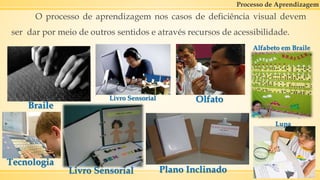 Processo de Aprendizagem
O processo de aprendizagem nos casos de deficiência visual devem
ser dar por meio de outros sentidos e através recursos de acessibilidade.
Braile
Tecnologia
Livro Sensorial
Livro Sensorial Olfato
Plano Inclinado
Alfabeto em Braile
Lupa
 