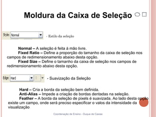 Moldura da Caixa de Seleção

                     - Estilo da seleção


      Normal – A seleção é feita à mão livre.
      Fixed Ratio – Define a proporção do tamanho da caixa de seleção nos
campos de redimensionamento abaixo desta opção.
      Fixed Size – Define o tamanho da caixa de seleção nos campos de
redimensionamento abaixo desta opção.


                     - Suavização da Seleção

       Hard – Cria a borda da seleção bem definida.
       Anti-Alias – Impede a criação de bordas dentadas na seleção.
       Feather – A borda da seleção de pixels é suavizada. Ao lado desta opção
existe um campo, onde será preciso especificar o valos da intensidade da
visualização
                         Coordenação de Ensino - Duque de Caxias
 