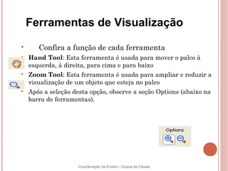 Ferramentas de Visualização

       Confira a função de cada ferramenta

    Hand Tool: Esta ferramenta é usada para mover o palco à
    esquerda, à direita, para cima e para baixo

    Zoom Tool: Esta ferramenta é usada para ampliar e reduzir a
    visualização de um objeto que esteja no palco

    Após a seleção desta opção, observe a seção Options (abaixo na
    barra de ferramentas).




                    Coordenação de Ensino - Duque de Caxias
 