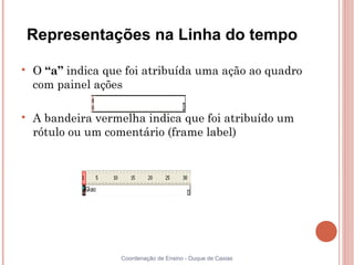 Representações na Linha do tempo

    O “a” indica que foi atribuída uma ação ao quadro
    com painel ações


    A bandeira vermelha indica que foi atribuído um
    rótulo ou um comentário (frame label)




                    Coordenação de Ensino - Duque de Caxias
 