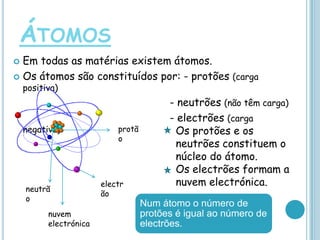 ÁtomosEm todas as matérias existem átomos.Os átomos são constituídos por: - protões (carga positiva) - neutrões (não têm carga) - electrões (carga negativa)protãoOs protões e os neutrões constituem o núcleo do átomo.Os electrões formam a nuvem electrónica.electrãoneutrãonuvem electrónica