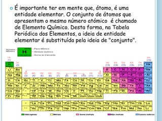 É importante ter em mente que, átomo, é uma entidade elementar. O conjunto de átomos que apresentam o mesmo número atómico é chamado de Elemento Químico. Desta forma, na Tabela Periódica dos Elementos, a ideia de entidade elementar é substituída pela ideia de "conjunto".