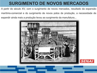 A partir do século XV, com o surgimento de novos mercados, resultado da expansão
marítimo-comercial e do surgimento de novos polos de produção, a necessidade de
expandir ainda mais a produção levou ao surgimento da manufatura...
SURGIMENTO DE NOVOS MERCADOS
 