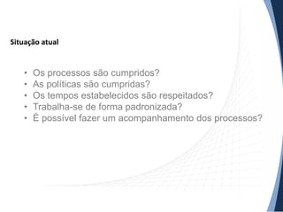 Situação atual
• Os processos são cumpridos?
• As políticas são cumpridas?
• Os tempos estabelecidos são respeitados?
• Trabalha-se de forma padronizada?
• É possível fazer um acompanhamento dos processos?
 