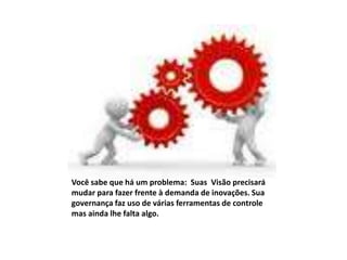 Você sabe que há um problema: Suas Visão precisará
mudar para fazer frente à demanda de inovações. Sua
governança faz uso de várias ferramentas de controle
mas ainda lhe falta algo.
 