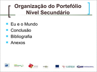 Organização do Portefólio Nível Secundário Eu e o Mundo Conclusão Bibliografia Anexos 