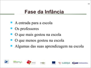 Fase da Infância  A entrada para a escola Os professores O que mais gostou na escola O que menos gostou na escola Algumas das suas aprendizagem na escola 