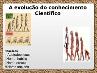 A evolução do conhecimento Científico Homídeos   Australopitecos  Homo  habilis  Homo erectus     Homo sapiens 