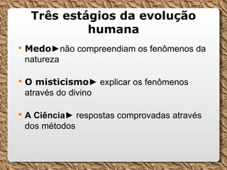 Três estágios da evolução humana Medo ►não compreendiam os fenômenos da natureza O misticismo ► explicar os fenômenos através do divino A Ciência ► respostas comprovadas através dos métodos 