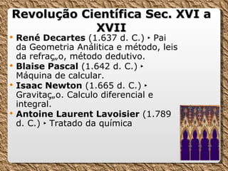 René Decartes  (1.637 d. C.) ‣ Pai da Geometria Análitica e método, leis da refração, método dedutivo. Blaise Pascal  (1.642 d. C.) ‣ Máquina de calcular. Isaac Newton  (1.665 d. C.) ‣ Gravitação. Calculo diferencial e integral. Antoine Laurent Lavoisier  (1.789 d. C.)  ‣ Tratado da química Revolução Científica Sec. XVI a XVII 